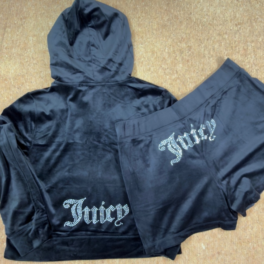 Juicy Couture Bling Velour Tracksuit Set Liquorice Blk XL Hoodie Shorts NWT $189